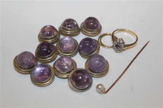 Gem set ring & ameythst on silver buttons/studs